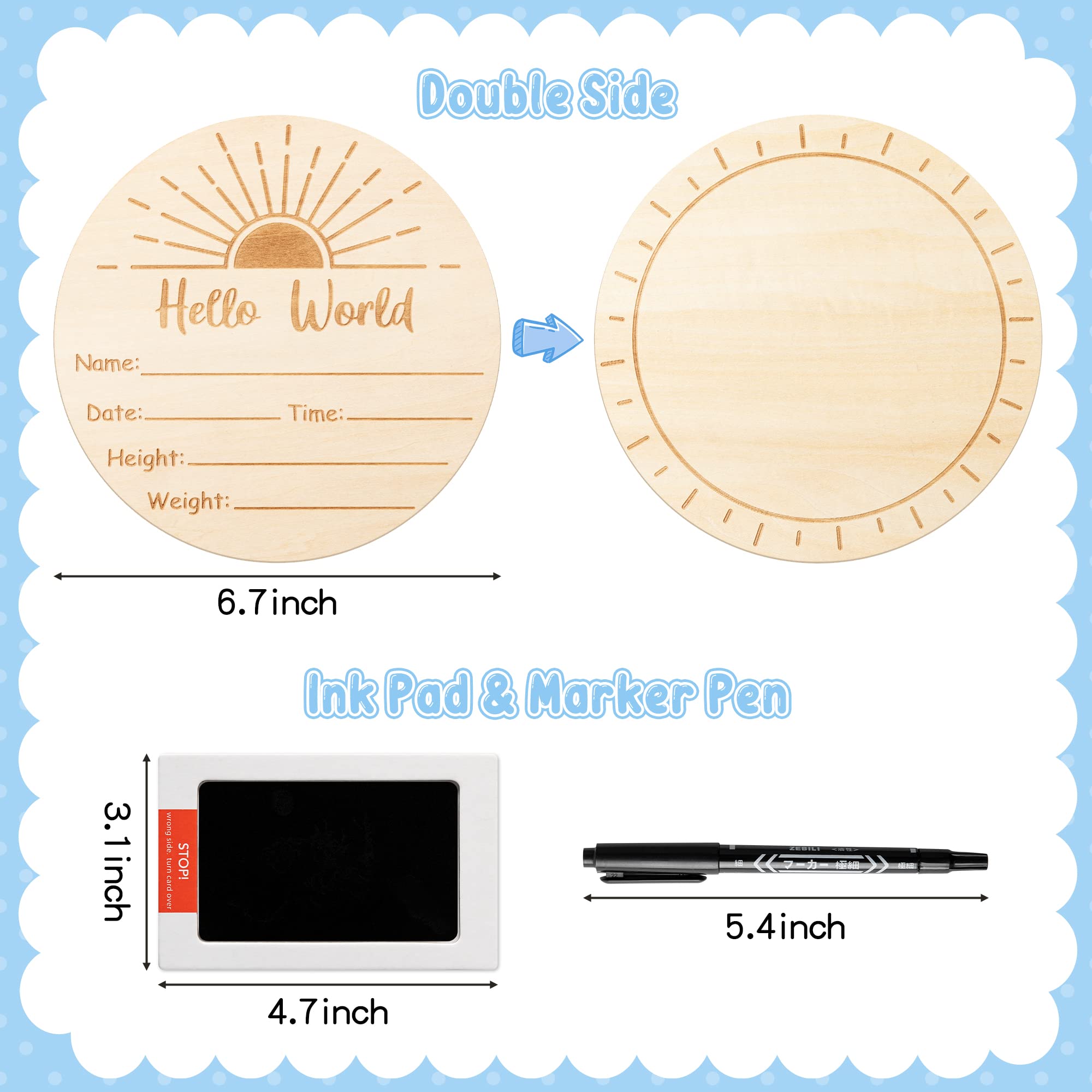 R HORSE Baby Birth Announcement Sign with Marker Pen, Wooden Baby Birth Sign with Ink Pad for Baby Hand and Footprints, Double-sided Boho Sun Newborn Announcement Sign for Baby Shower Keepsakes