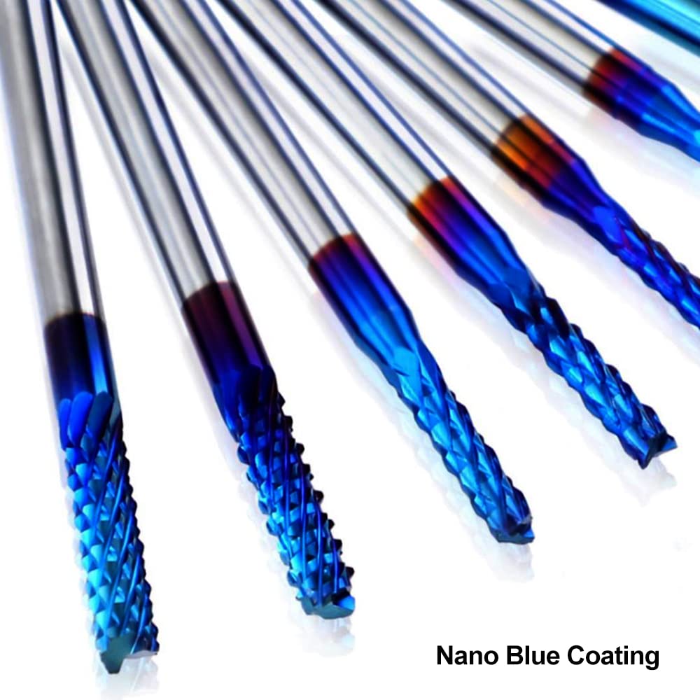 ASNOMY 20pcs End Mills CNC Spiral Router Bits, 1/8" Shank CNC Cutter Milling Carving Bit Set, Nano Blue Coat CNC End Mill Bits, Cutting Dia.1/32"-1/8"Inch