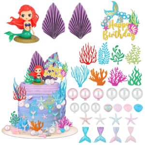 queen king 33 pcs mermaid cake topper,little resin 3d mermaid seaweed palm leaves bubble starfish shell mermaid tail cupcake picks for kids girls birthday baby shower party decorations