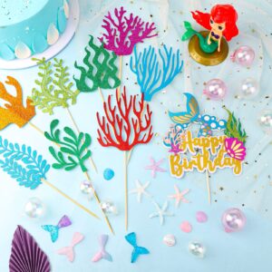 QUEEN KING 33 pcs Mermaid Cake Topper,Little Resin 3D Mermaid Seaweed Palm Leaves Bubble Starfish Shell Mermaid Tail Cupcake Picks for Kids Girls Birthday Baby Shower Party Decorations