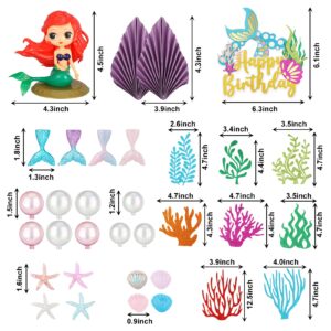 QUEEN KING 33 pcs Mermaid Cake Topper,Little Resin 3D Mermaid Seaweed Palm Leaves Bubble Starfish Shell Mermaid Tail Cupcake Picks for Kids Girls Birthday Baby Shower Party Decorations