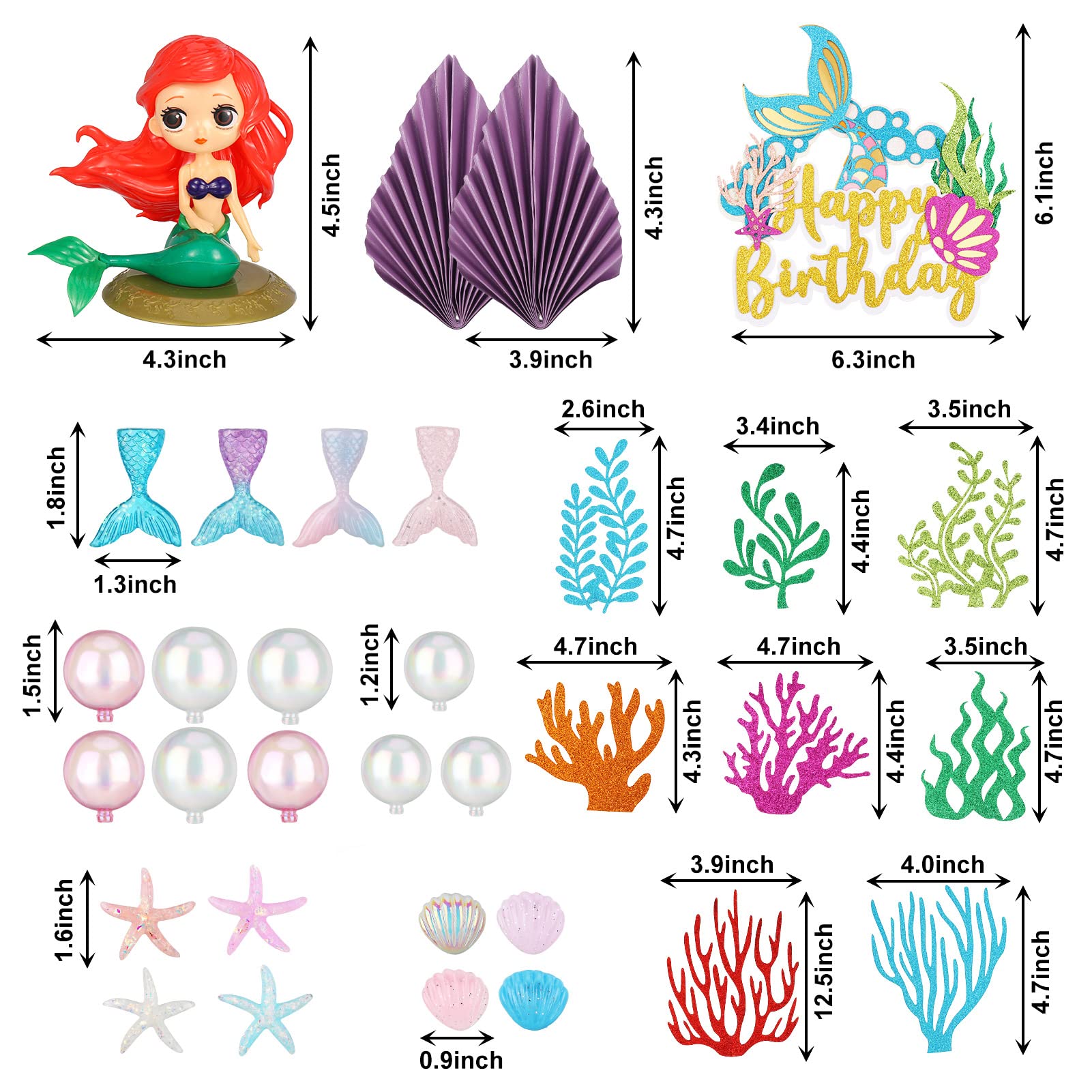 QUEEN KING 33 pcs Mermaid Cake Topper,Little Resin 3D Mermaid Seaweed Palm Leaves Bubble Starfish Shell Mermaid Tail Cupcake Picks for Kids Girls Birthday Baby Shower Party Decorations