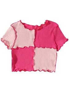 milumia girl's rib knit color block crop tee short sleeve lettuce trim crewneck tshirt pink 11-12 years