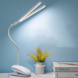 gcsige dual head led desk lamp with clamp, eye-caring clip on lights for home office, 3500mah rechargeable battery operated table lamps,3 lighting modes & brightness dimmer light for kids students