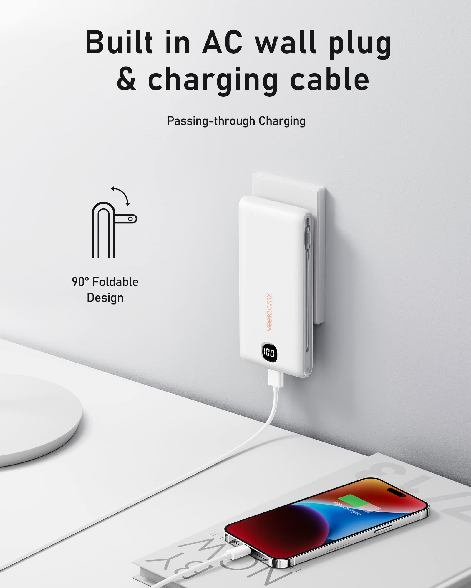 VEEKTOMX Power Bank with Built in Cables 22.5W 10000mAh, Portable Charger for iPhone with AC Wall Plug, Fast Charging USB C Slim iPhone Charger with LED Display Compatible with iPhone15/14/13, Samsung