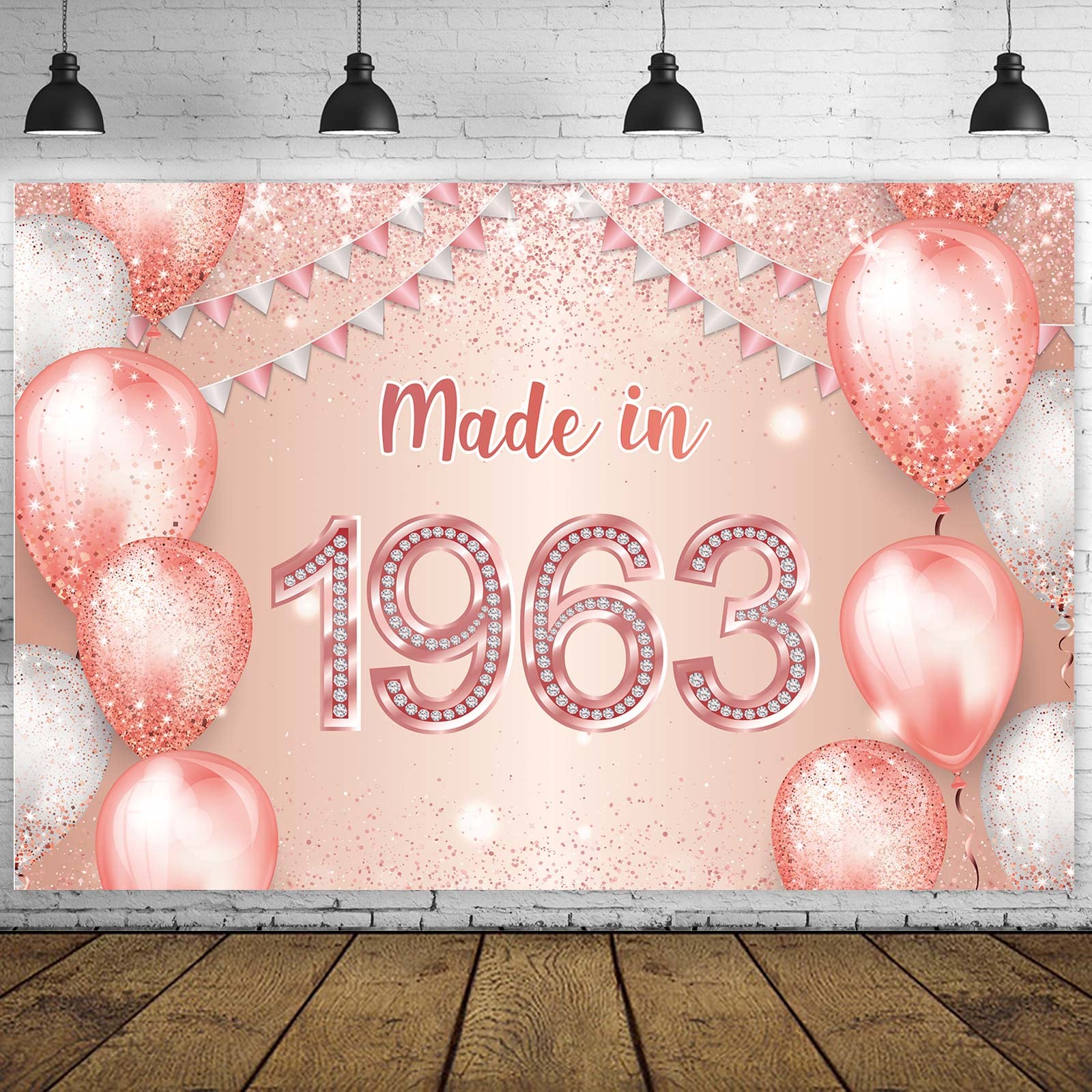 Made in 1963 Rose Gold Happy 60th Birthday Banner Cheers to 60 Years Old Backdrop Balloon Confetti Theme Decor Decorations for Women Pink Birthday Party Supplies Bday Background Glitter