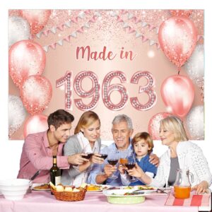 Made in 1963 Rose Gold Happy 60th Birthday Banner Cheers to 60 Years Old Backdrop Balloon Confetti Theme Decor Decorations for Women Pink Birthday Party Supplies Bday Background Glitter