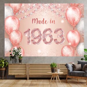 Made in 1963 Rose Gold Happy 60th Birthday Banner Cheers to 60 Years Old Backdrop Balloon Confetti Theme Decor Decorations for Women Pink Birthday Party Supplies Bday Background Glitter