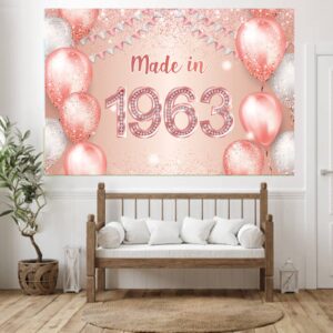 Made in 1963 Rose Gold Happy 60th Birthday Banner Cheers to 60 Years Old Backdrop Balloon Confetti Theme Decor Decorations for Women Pink Birthday Party Supplies Bday Background Glitter