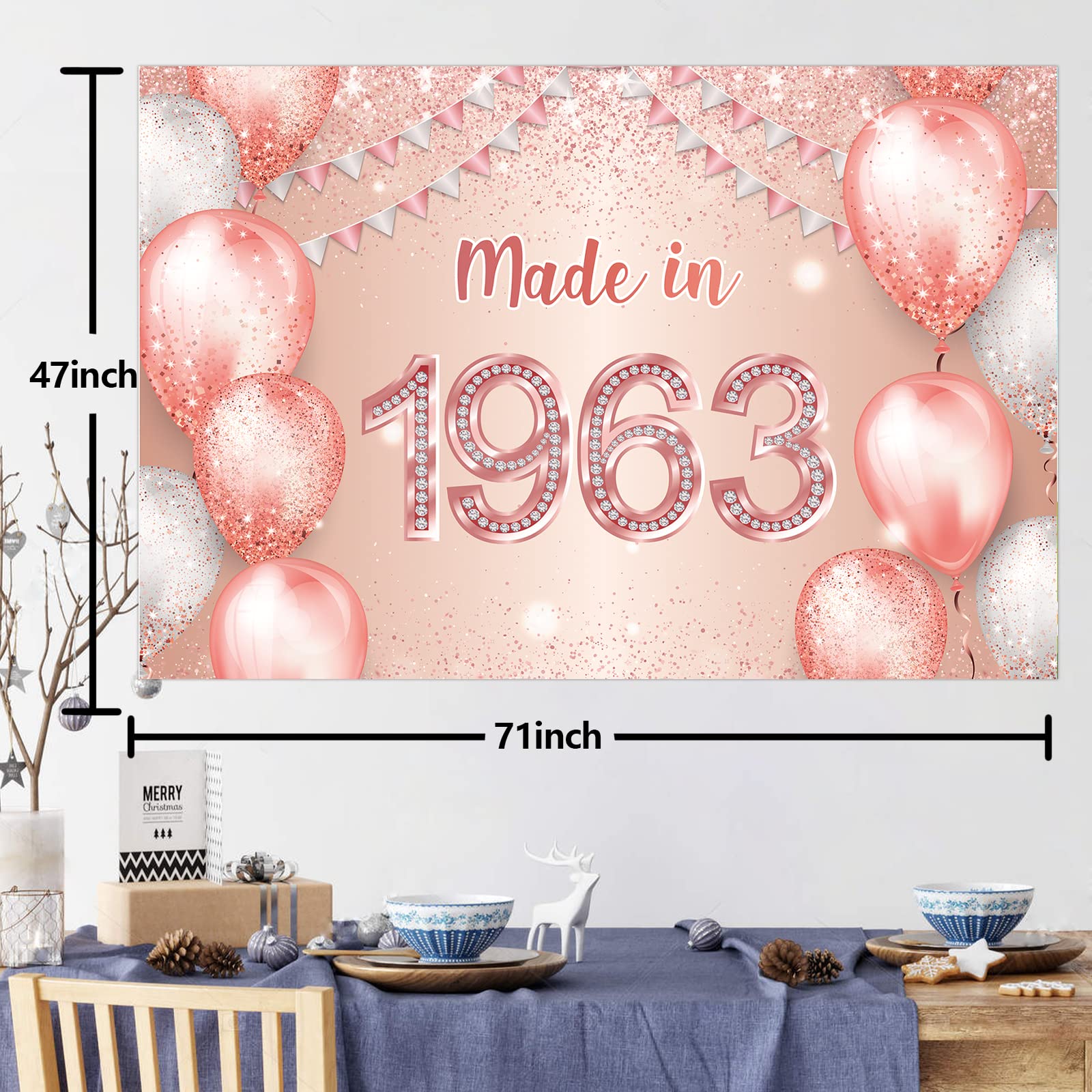 Made in 1963 Rose Gold Happy 60th Birthday Banner Cheers to 60 Years Old Backdrop Balloon Confetti Theme Decor Decorations for Women Pink Birthday Party Supplies Bday Background Glitter