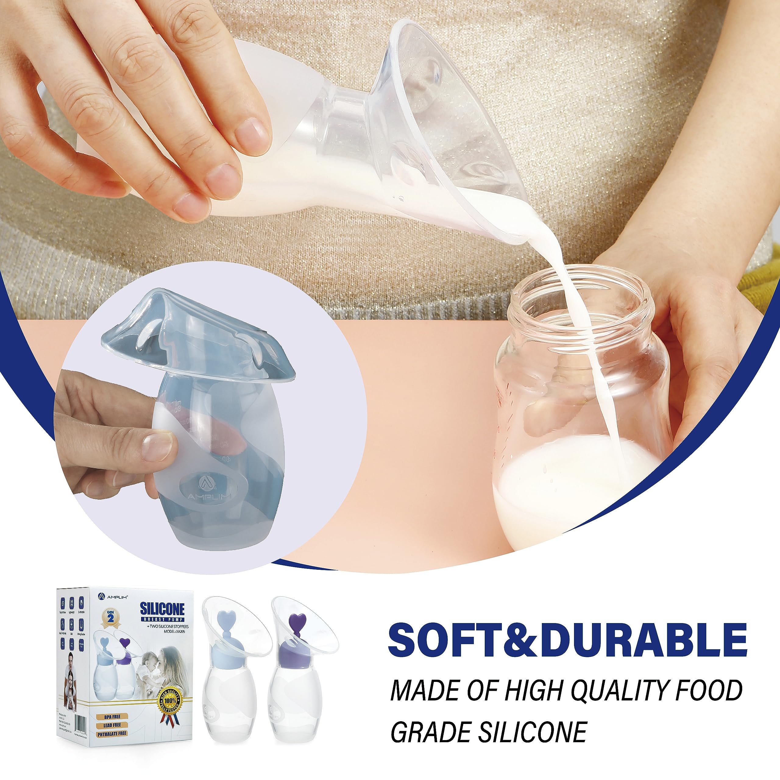 Amplim 2-Pack Gen 2 Manual Breast Pump/Collector for Breastfeeding with Stopper (4 oz/100ml) Food Grade Silicone BPA PVC and Phthalate Free (Blue + Purple)