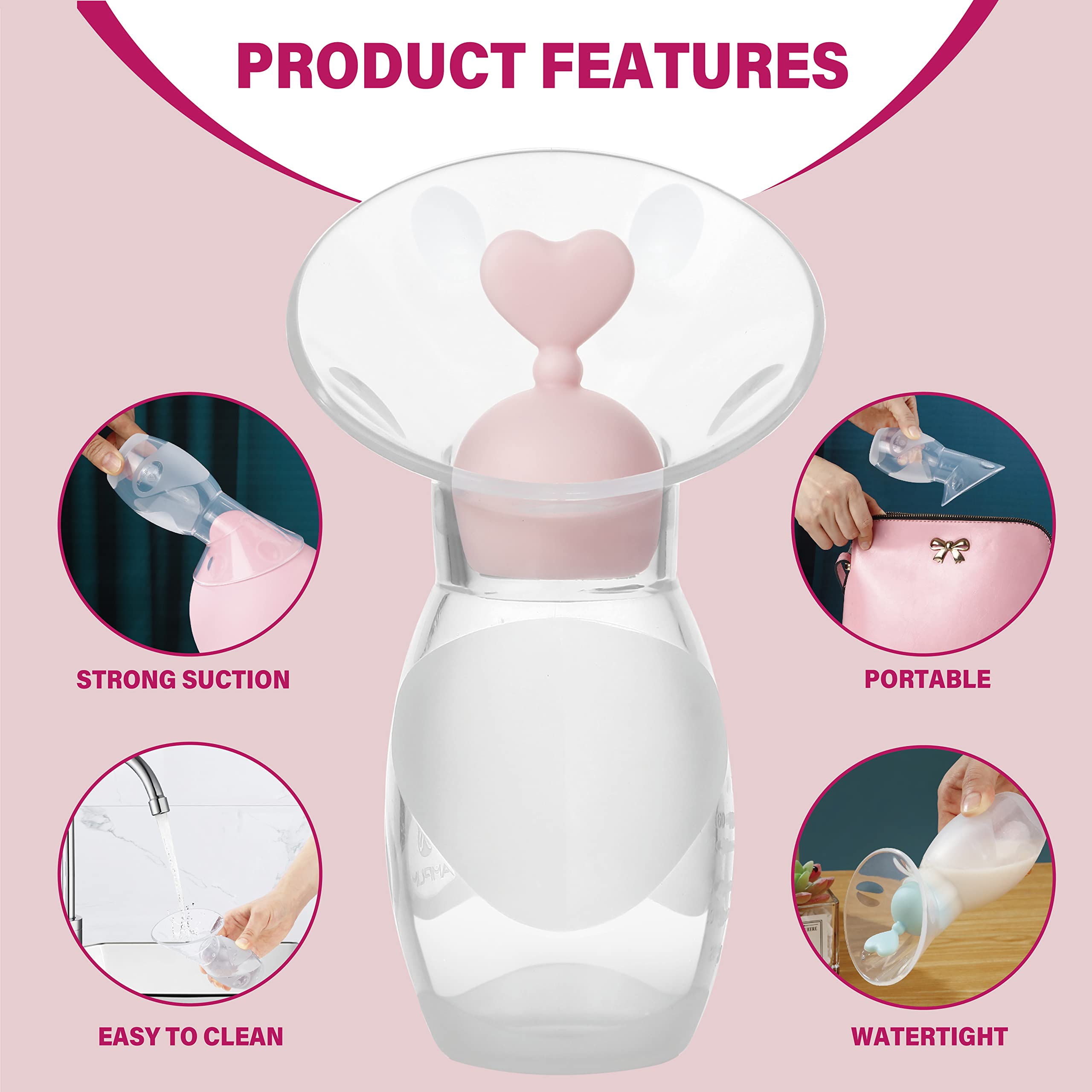 Amplim Manual Breast Pump | Gen 2 Food Grade Silicone Milk Collector for Breastfeeding Nursing Mom with Stopper | Must Haves Registry Essentials for Newborn, Infant, Baby | 4 oz (Pink)
