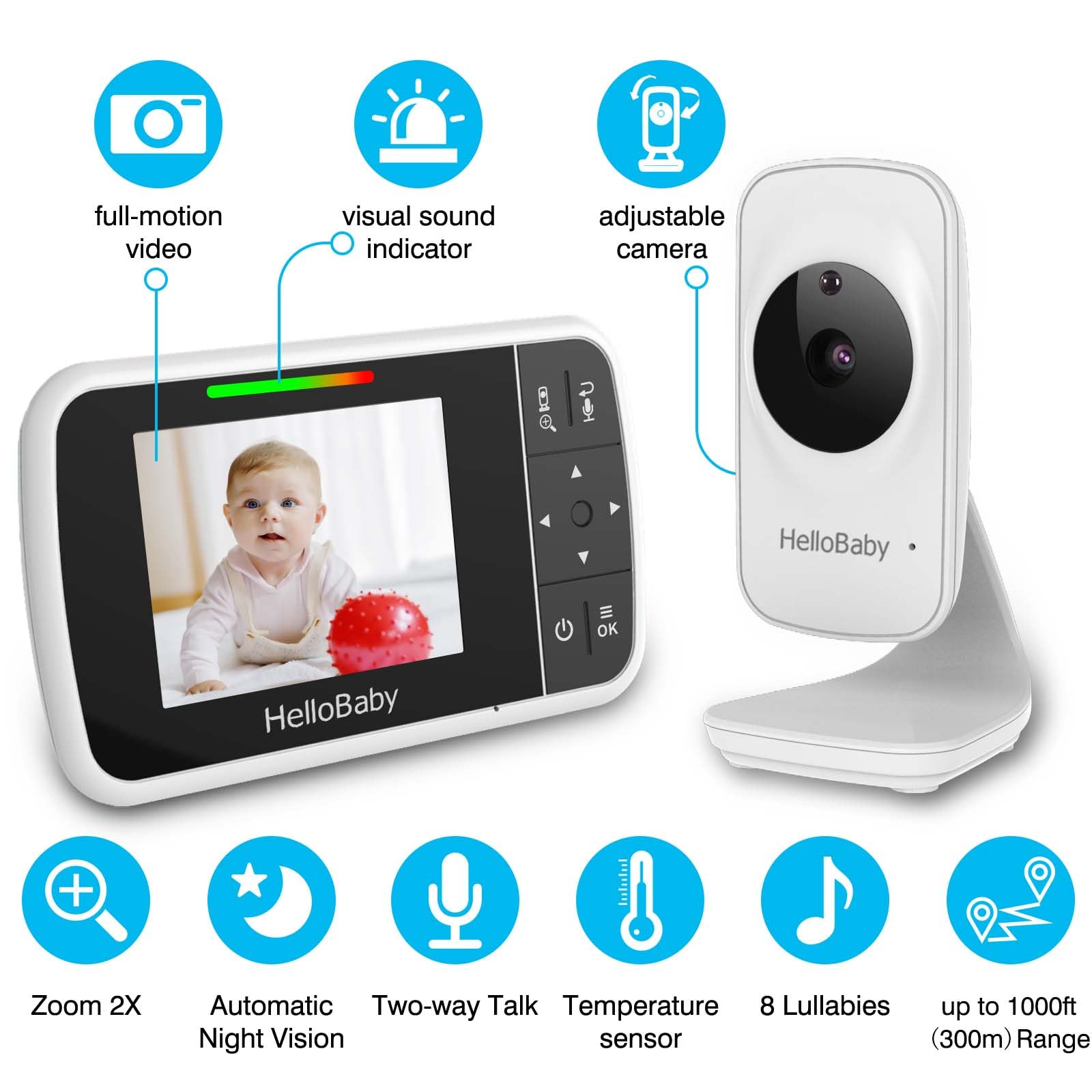 HelloBaby 3.5''Baby Monitor with HD Display, Baby Monitor with Camera and Audio 1000ft Long Range Auto IR HD Night Vision Temperature Sensor Video Baby Monitor 8 Lullabies