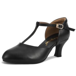 t-strap character shoe for women salsa latin dance heels dress pumps, black 8 m us