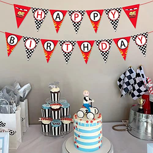 Race Car Happy Birthday Banner Party Decorations,Racing Themed Party ，Racing Party Sign,Let't Go Racing Checkered Flag Party Themed Party Supplies Decorations