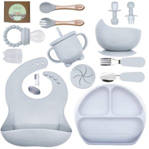 o'doe 17-pcs silicone baby feeding set – baby led weaning supplies with suction plates for toddlers, baby plates and bowls set | grey v2