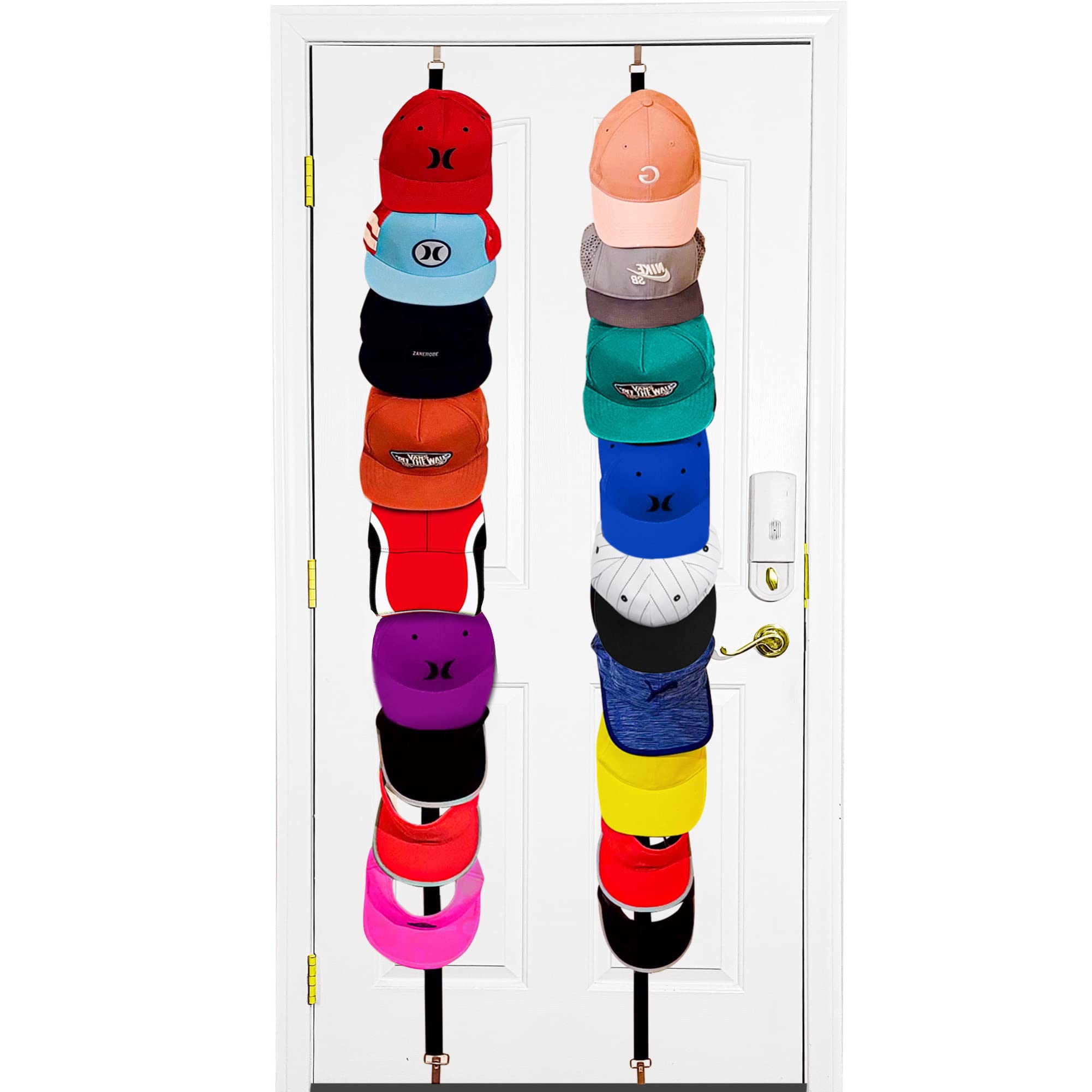 FLANCCI Hat Rack Organizer over the door, Baseball cap holder, hat hanger for closet door rack, Adjustable hat storage racks, Two Straps, Holds up to 18 Caps with adjustable hanging hooks