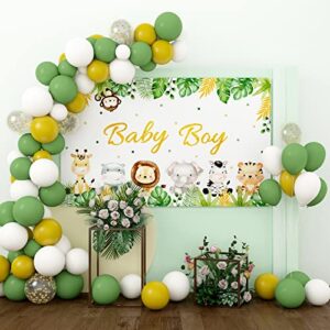 Jungle Safari Baby Shower Decorations for Boy, Animal Tablecloth Backdrop & Green White Gold Balloon Arch Set Sage Green Zoo Theme Baby Boy Party Decor Supplies