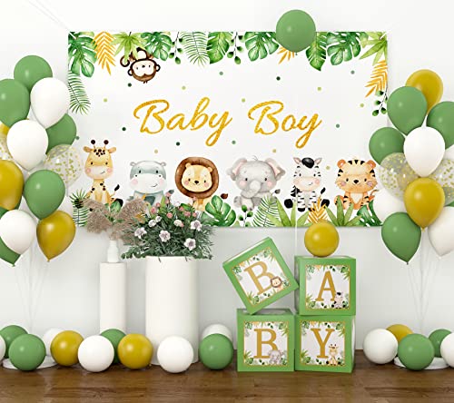 Jungle Safari Baby Shower Decorations for Boy, Animal Tablecloth Backdrop & Green White Gold Balloon Arch Set Sage Green Zoo Theme Baby Boy Party Decor Supplies