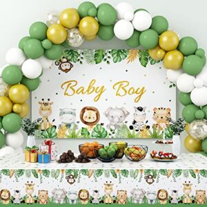 jungle safari baby shower decorations for boy, animal tablecloth backdrop & green white gold balloon arch set sage green zoo theme baby boy party decor supplies