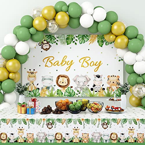 Jungle Safari Baby Shower Decorations for Boy, Animal Tablecloth Backdrop & Green White Gold Balloon Arch Set Sage Green Zoo Theme Baby Boy Party Decor Supplies