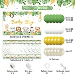 Jungle Safari Baby Shower Decorations for Boy, Animal Tablecloth Backdrop & Green White Gold Balloon Arch Set Sage Green Zoo Theme Baby Boy Party Decor Supplies