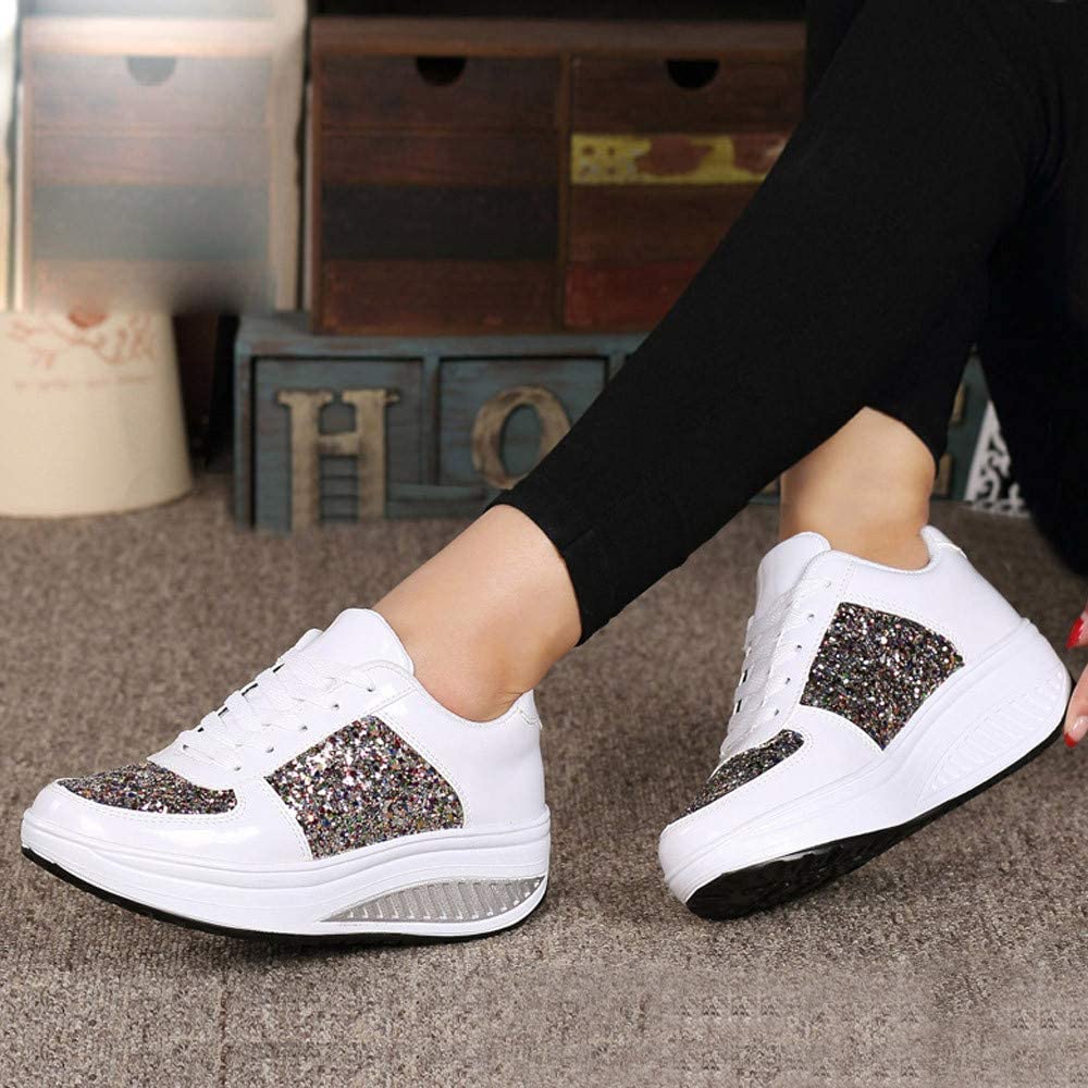 HINDOLA Women's Walking Shoes Sequin Lightweight Non Slip Tennis Sneakers Comfort Wedge Platform Athletic Running Shoes White