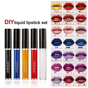 MEICOLY DIY Liquid Lipstick Set,5pcs Black White Blue Yellow Red Lip Stain,Matte 24-Hour Long Lasting Nude Lip Gloss Set,Velvet Black Lipstick Kit for Women labial mate larga duracion 24