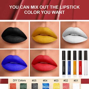 MEICOLY DIY Liquid Lipstick Set,5pcs Black White Blue Yellow Red Lip Stain,Matte 24-Hour Long Lasting Nude Lip Gloss Set,Velvet Black Lipstick Kit for Women labial mate larga duracion 24