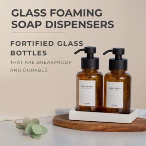 MaisoNovo 14 Oz Amber Glass Foaming Soap Dispenser 2 Pack w/Concrete Tray | Foaming Hand Soap Dispenser Bathroom Countertop, Foam Soap Dispenser Pump, Foaming Glass Soap Dispenser