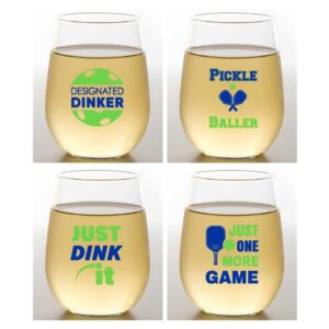 set of 4 shatterproof stemless custom 16 oz plastic wine glasses made in the usa (pickleball sayings)