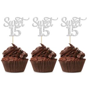 Gyufise 24Pcs Sweet 15 Cupcake Toppers Silver Glitter Fifteen 15th Birthday Cupcake Picks Age 15 15th Birthday Anniversary Party Cake Decorations Supplies