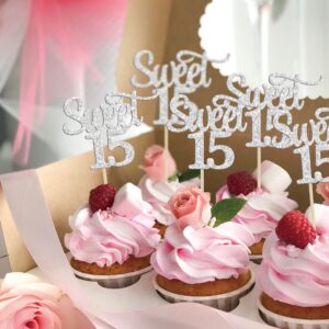 Gyufise 24Pcs Sweet 15 Cupcake Toppers Silver Glitter Fifteen 15th Birthday Cupcake Picks Age 15 15th Birthday Anniversary Party Cake Decorations Supplies