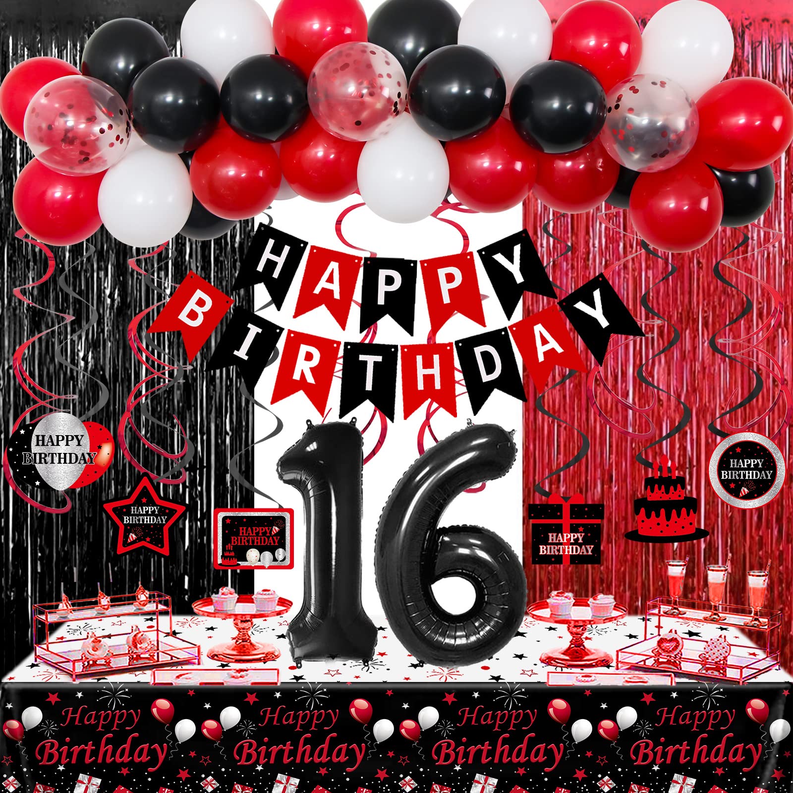 16th Birthday Decorations for Boys Girls,Red and Black 16th Birthday Balloons Banner Number 16 Balloon Hanging Swirls Tablecloth Foil Fringe Curtains For Sweet 16th Birthday Decorations Party Supplies