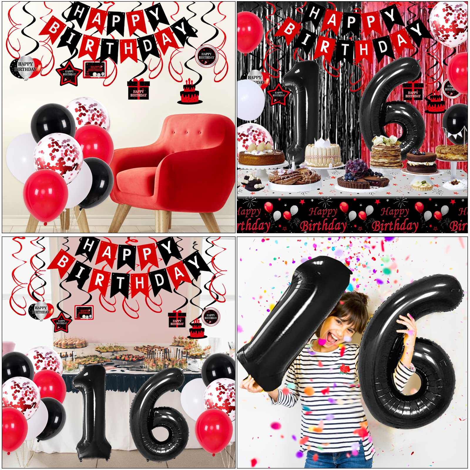 16th Birthday Decorations for Boys Girls,Red and Black 16th Birthday Balloons Banner Number 16 Balloon Hanging Swirls Tablecloth Foil Fringe Curtains For Sweet 16th Birthday Decorations Party Supplies