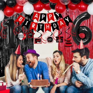 16th Birthday Decorations for Boys Girls,Red and Black 16th Birthday Balloons Banner Number 16 Balloon Hanging Swirls Tablecloth Foil Fringe Curtains For Sweet 16th Birthday Decorations Party Supplies