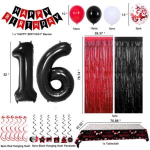 16th Birthday Decorations for Boys Girls,Red and Black 16th Birthday Balloons Banner Number 16 Balloon Hanging Swirls Tablecloth Foil Fringe Curtains For Sweet 16th Birthday Decorations Party Supplies