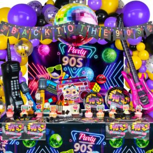 hjingy 90s party decorations 80's 90's theme party bundle includes inflatable gitar&mobile phone, back to the 90's banner, tablecloth, cake toppers, plates, napkins, hip-hop backdrop