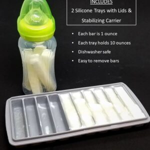 Breast Milk Freezer Storage Trays w/Carrier, 10-1oz Bars, 2 Silicone Containers w/Silicone Lids and Carrier, Food Grade Silicone