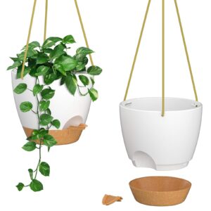 zmtech 8 inch hanging planters for indoor outdoor plants, 2 pack self watering hanging plant pots with drainage holes and removable saucer, plastic flower hanging pots with watering lip (white)