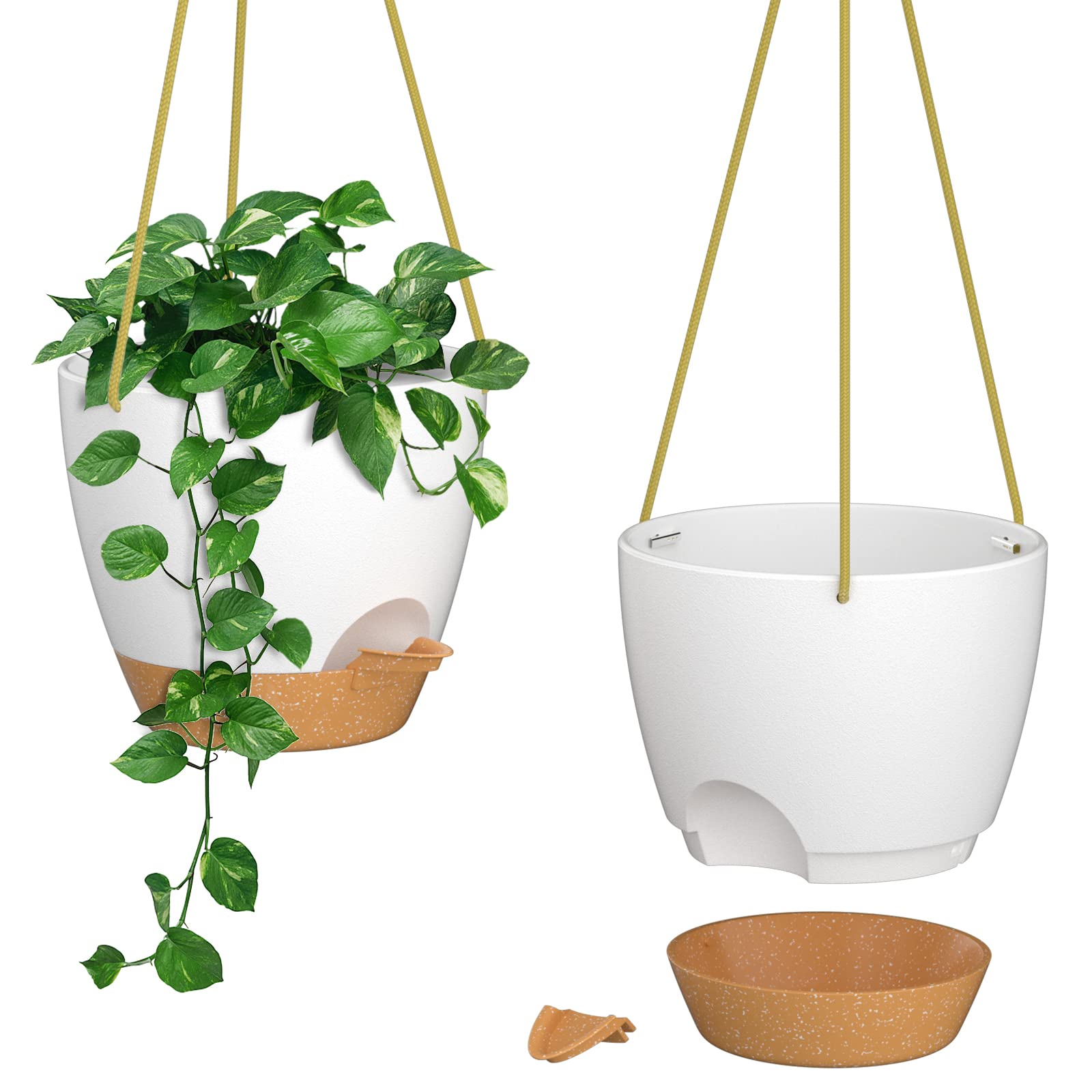 ZMTECH 8 Inch Hanging Planters for Indoor Outdoor Plants, 2 Pack Self Watering Hanging Plant Pots with Drainage Holes and Removable Saucer, Plastic Flower Hanging Pots with Watering Lip (White)