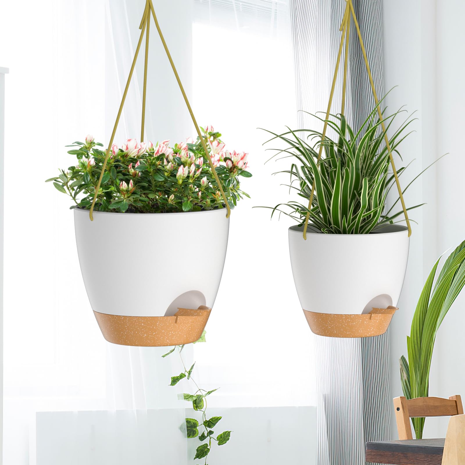 ZMTECH 8 Inch Hanging Planters for Indoor Outdoor Plants, 2 Pack Self Watering Hanging Plant Pots with Drainage Holes and Removable Saucer, Plastic Flower Hanging Pots with Watering Lip (White)