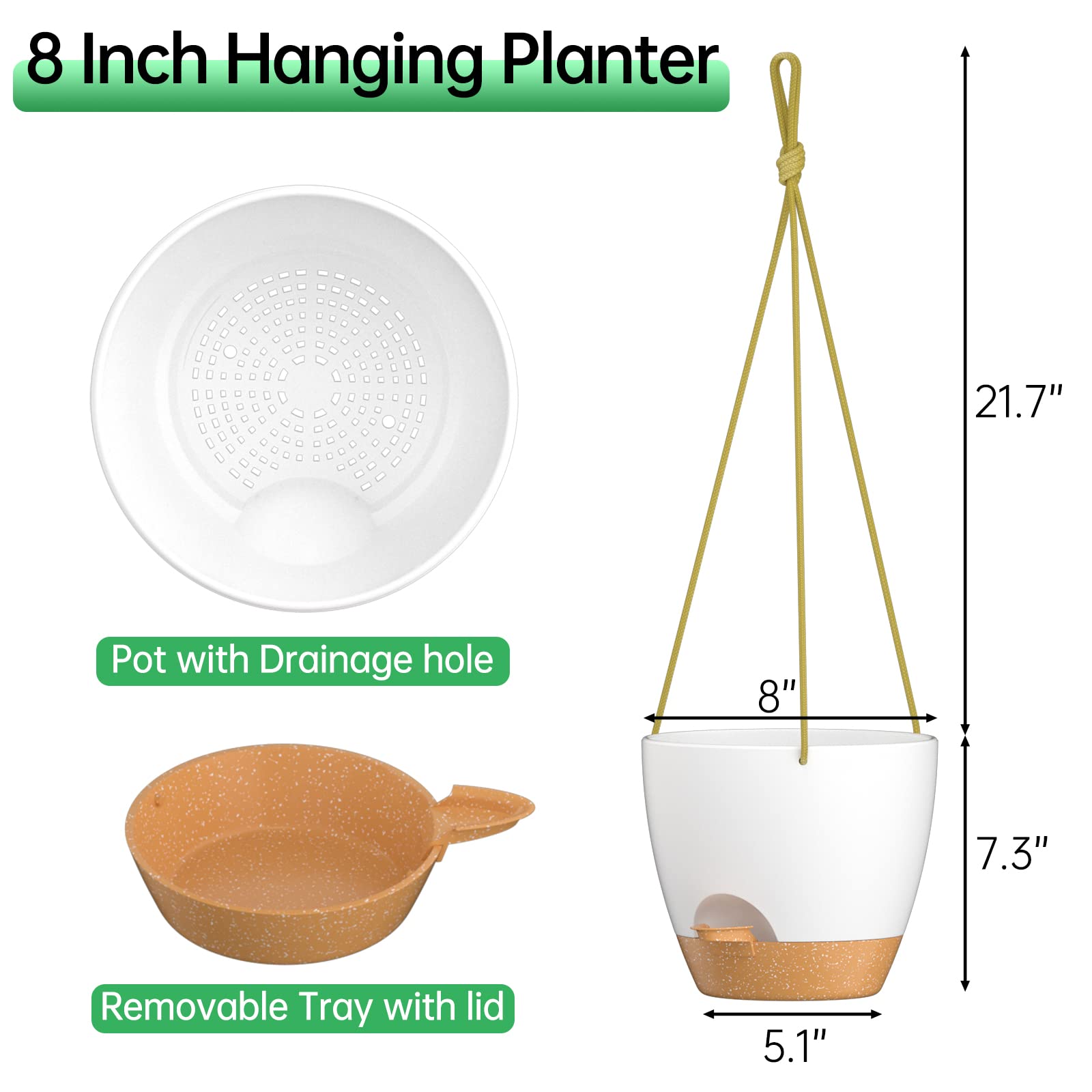 ZMTECH 8 Inch Hanging Planters for Indoor Outdoor Plants, 2 Pack Self Watering Hanging Plant Pots with Drainage Holes and Removable Saucer, Plastic Flower Hanging Pots with Watering Lip (White)