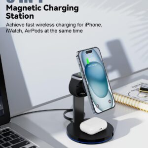 Magnetic Wireless Charger 3 in 1 - NANAMI Fast Wireless Charging Station for Multiple Devices Mag Safe Charger Stand for Apple Watch Series 8/7/SE, Phone Charger Dock for iPhone 15/14/13/12, AirPods