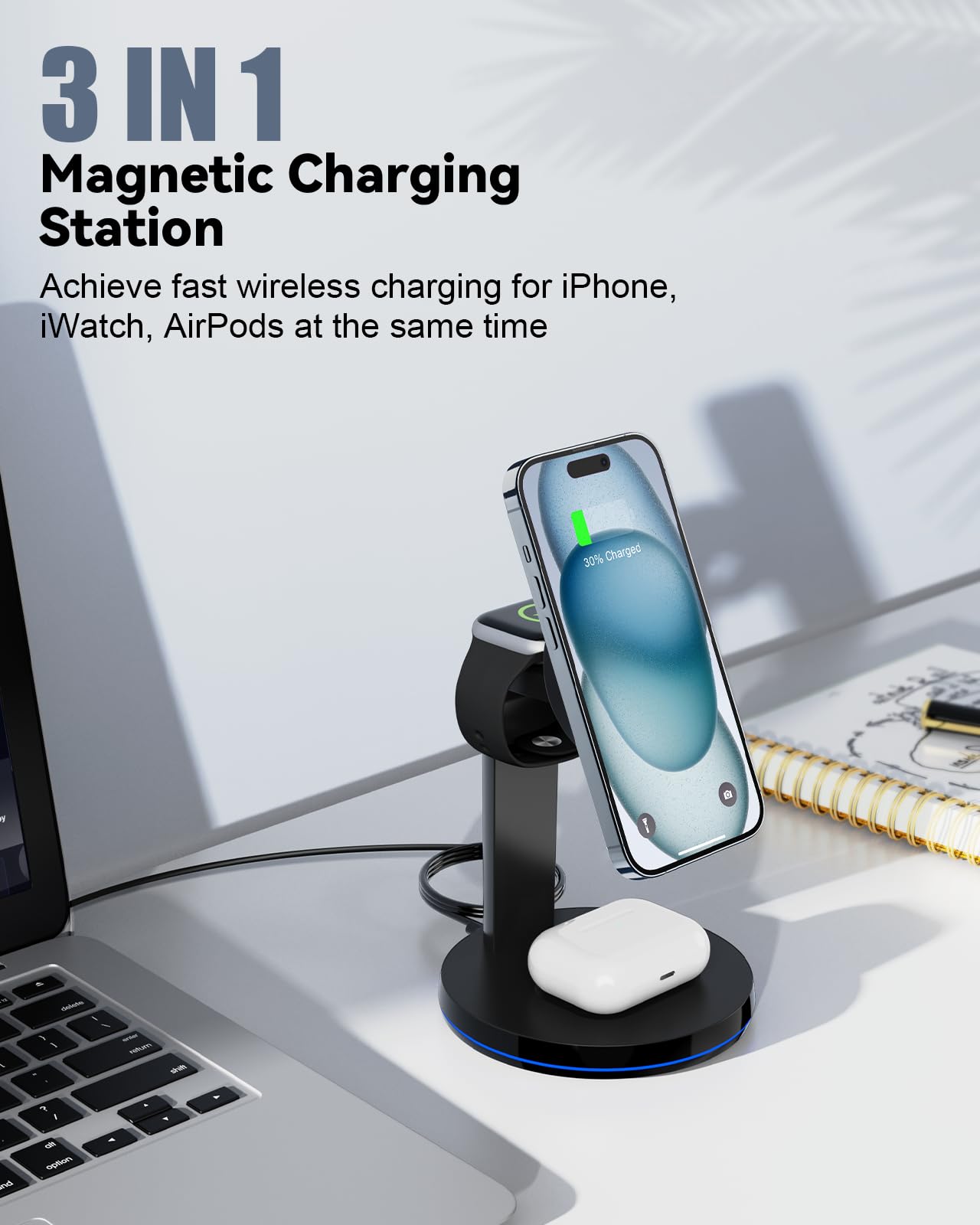 Magnetic Wireless Charger 3 in 1 - NANAMI Fast Wireless Charging Station for Multiple Devices Mag Safe Charger Stand for Apple Watch Series 8/7/SE, Phone Charger Dock for iPhone 15/14/13/12, AirPods