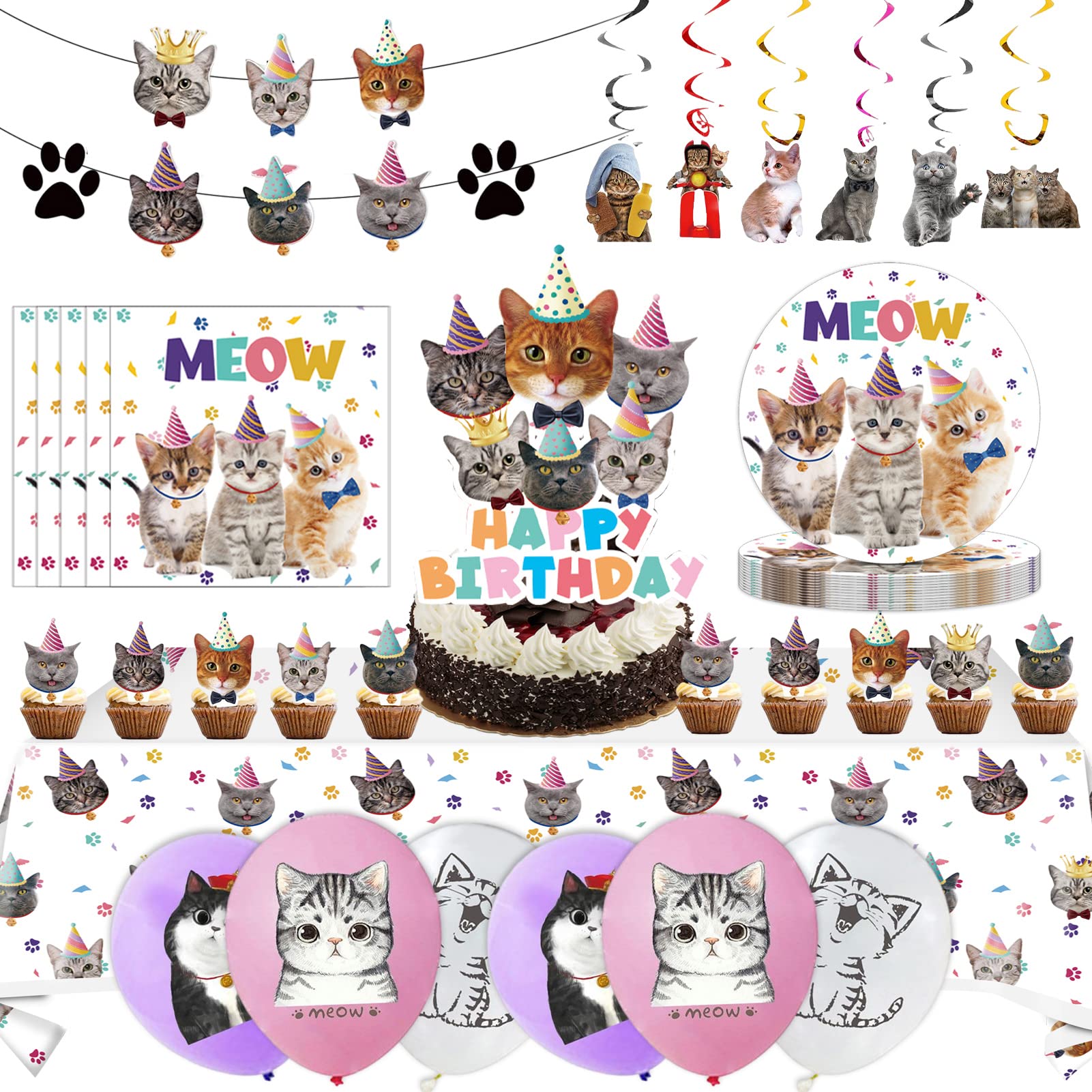 Cat birthday party supplies Kitty Party Supplies Kit Includes Cat Party Banner Plates, Napkins,Tablecloth,Cake Toppers, Balloons,Hanging Swirl for Kids Girls