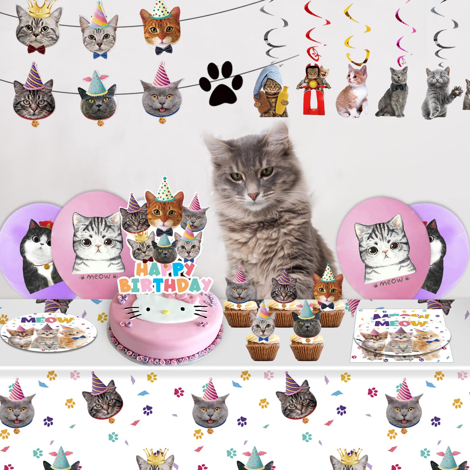 Cat birthday party supplies Kitty Party Supplies Kit Includes Cat Party Banner Plates, Napkins,Tablecloth,Cake Toppers, Balloons,Hanging Swirl for Kids Girls