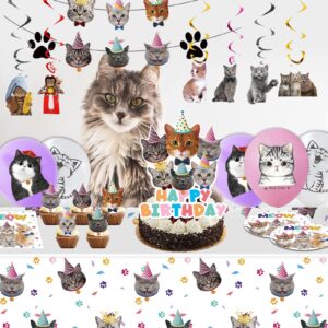 Cat birthday party supplies Kitty Party Supplies Kit Includes Cat Party Banner Plates, Napkins,Tablecloth,Cake Toppers, Balloons,Hanging Swirl for Kids Girls