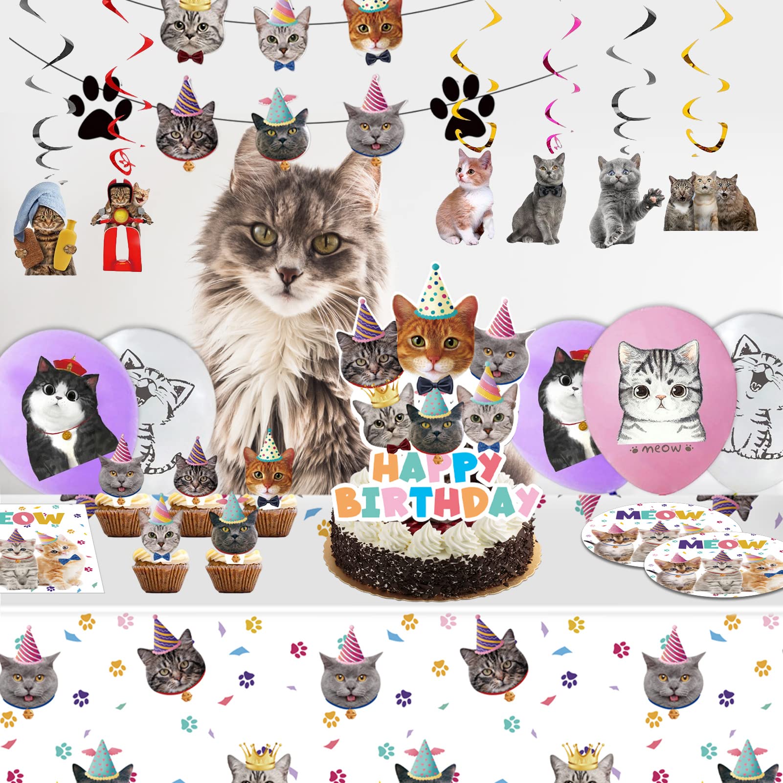 Cat birthday party supplies Kitty Party Supplies Kit Includes Cat Party Banner Plates, Napkins,Tablecloth,Cake Toppers, Balloons,Hanging Swirl for Kids Girls