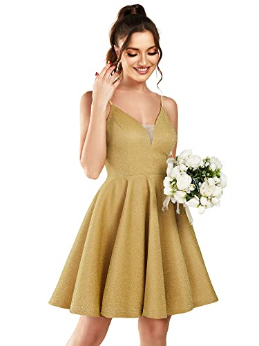 Ever-Pretty Women's Prom Dress Sparkle V Neck Sleeveless A-Line Mini Summer Dress Cocktail Dress Gold US4